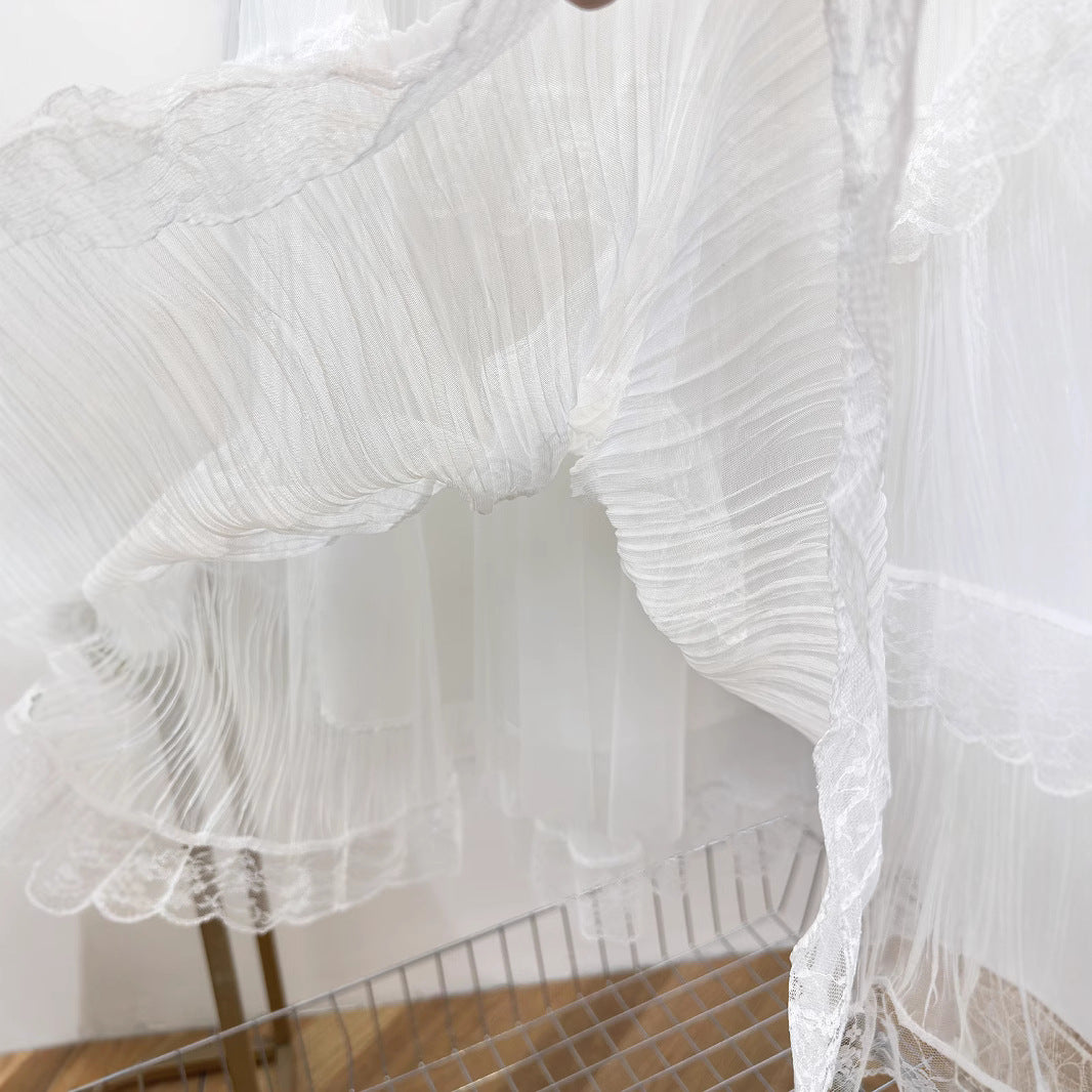 Long tulle skirt for women with a multi-layer lace trim Lune London