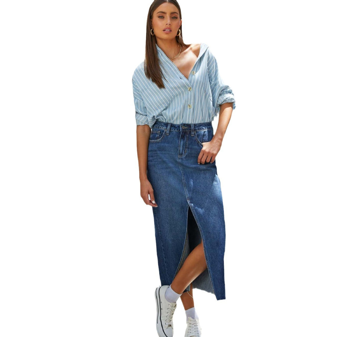 Chic & Stil High-Waisted Denim Pencil Dress with Side Slit