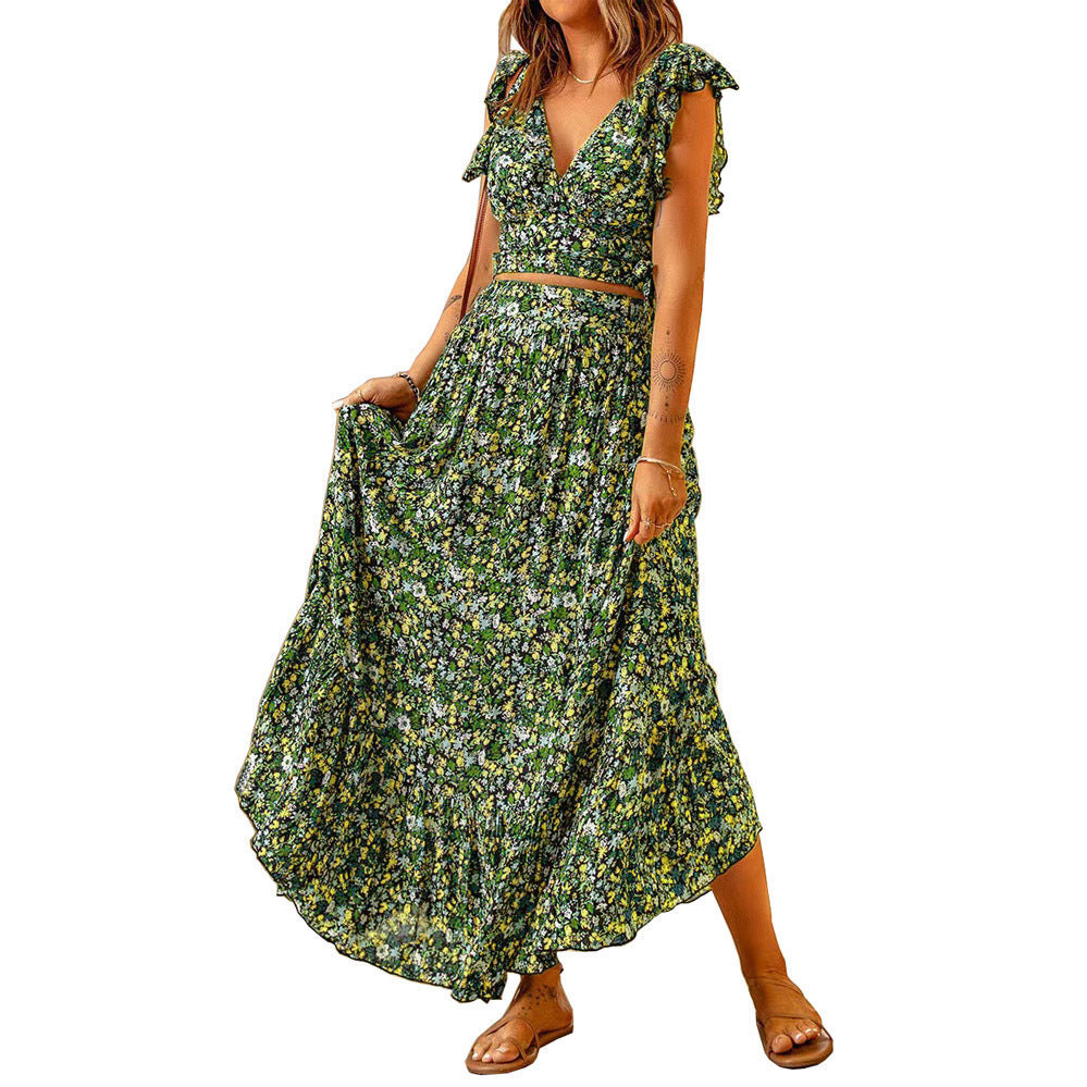 Maxi dress with floral pattern for women with voluminous skirt and narrow belt Lune London