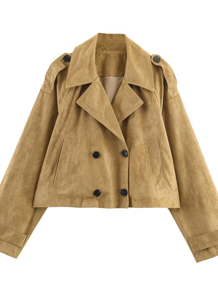 Ladies Fashion Cropped Trench Coat with Double-Breasted Button Placket and Practical Pockets Lune London