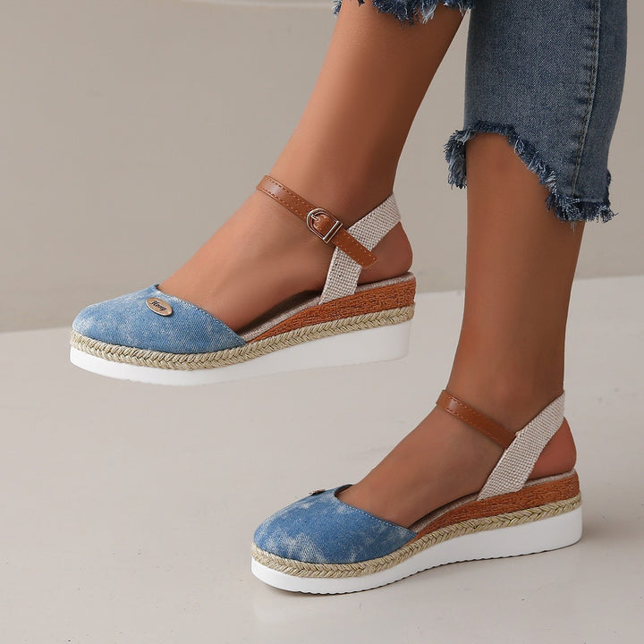 Wedge heel sandals for women with woven strap design and comfortable sole Lune London