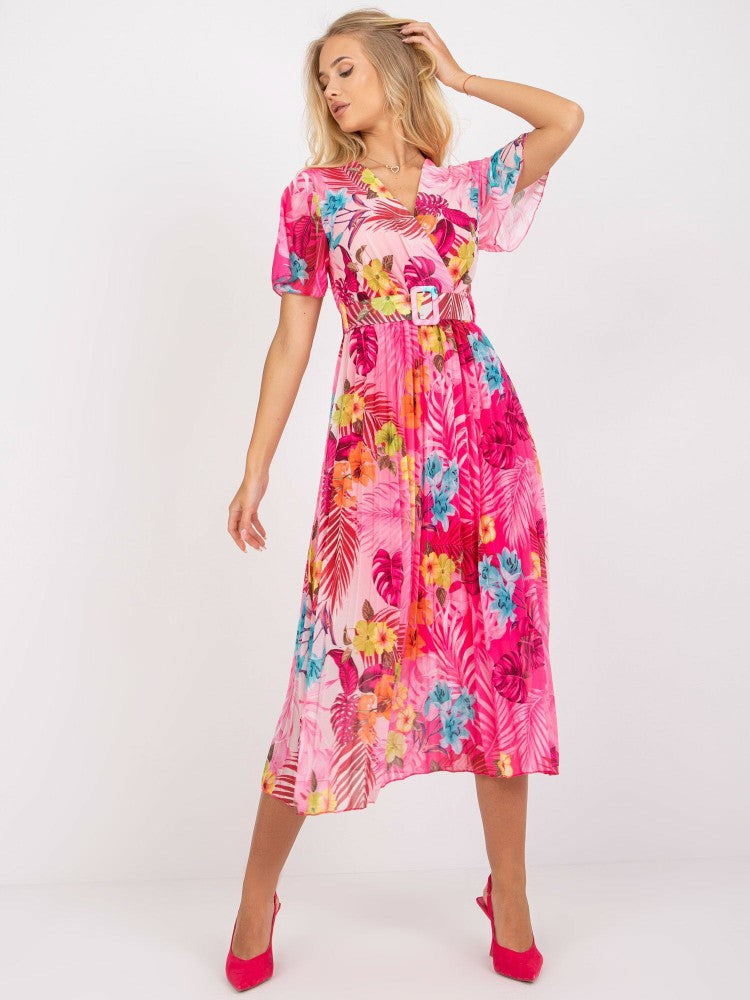 Maxi flower pleated dress for women with adjustable belt Lune London