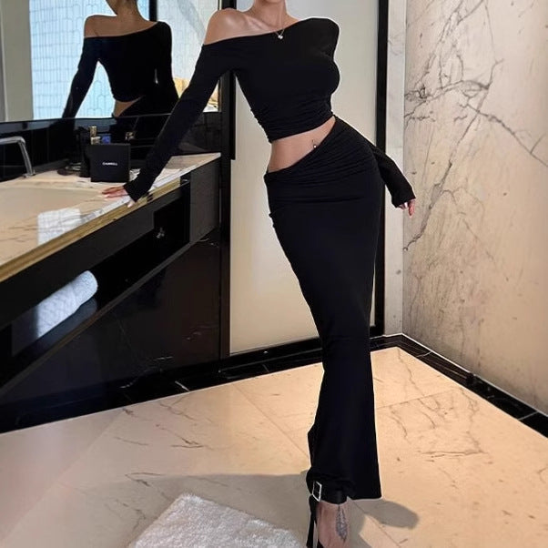 Long sleeve maxi dress for women with asymmetrical design and ruffled details Lune London