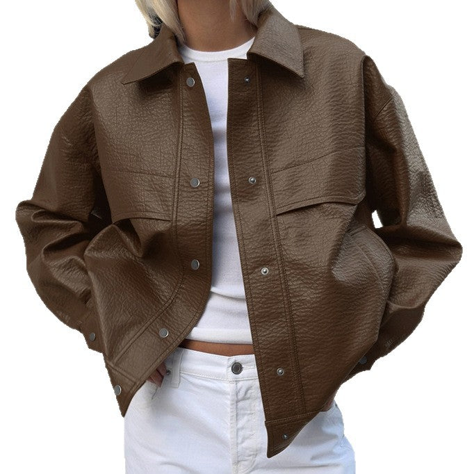 Casual women's synthetic leather jacket in modern oversized style Lune London