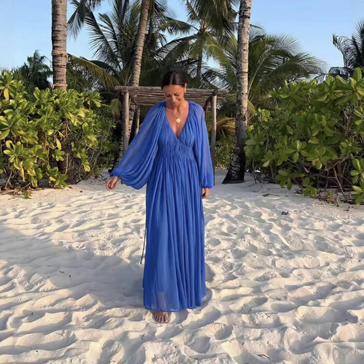 Maxi dress for women with an elegant draped effect and feminine ruffles Lune London
