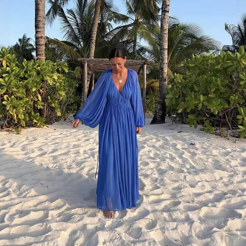 Maxi dress for women with an elegant draped effect and feminine ruffles Lune London