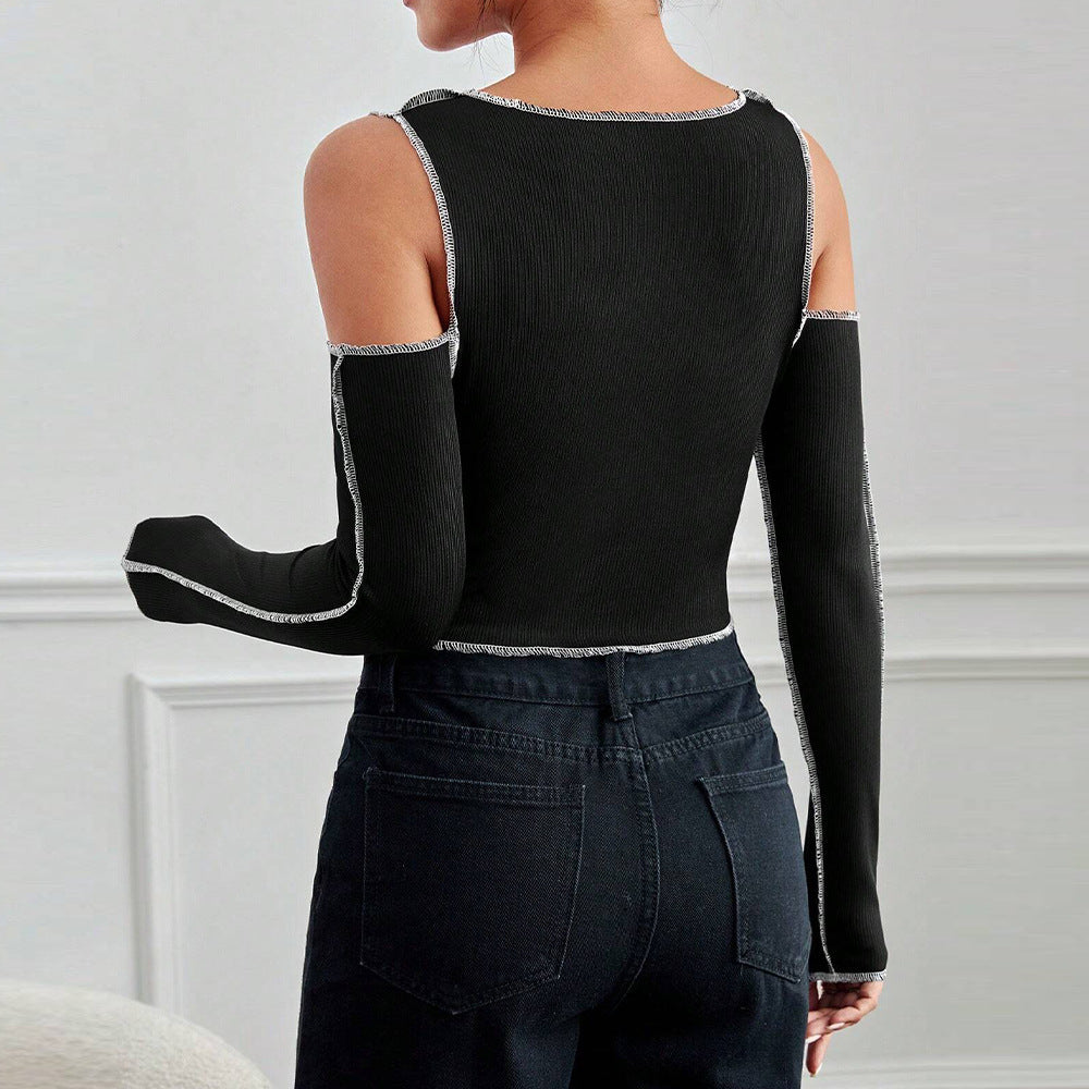 Chic & Stil Women's Long Sleeve Crop T-Shirt with Cut-Out Details and Trendy Contrast