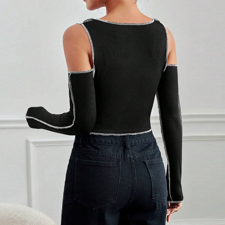 Chic & Stil Women's Long Sleeve Crop T-Shirt with Cut-Out Details and Trendy Contrast