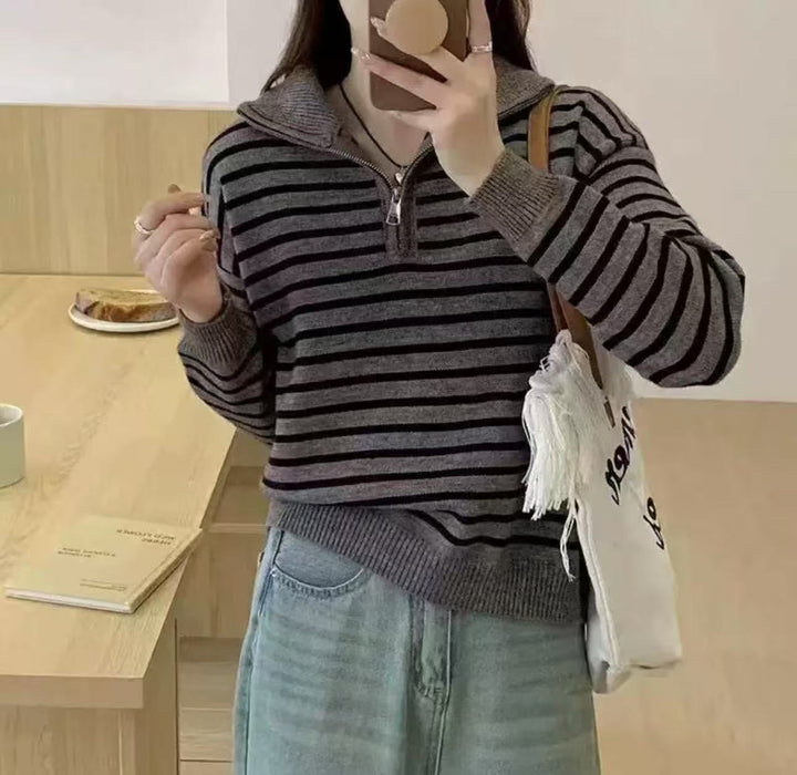 Knitted sweater for women with short zipper and trendy striped pattern Lune London