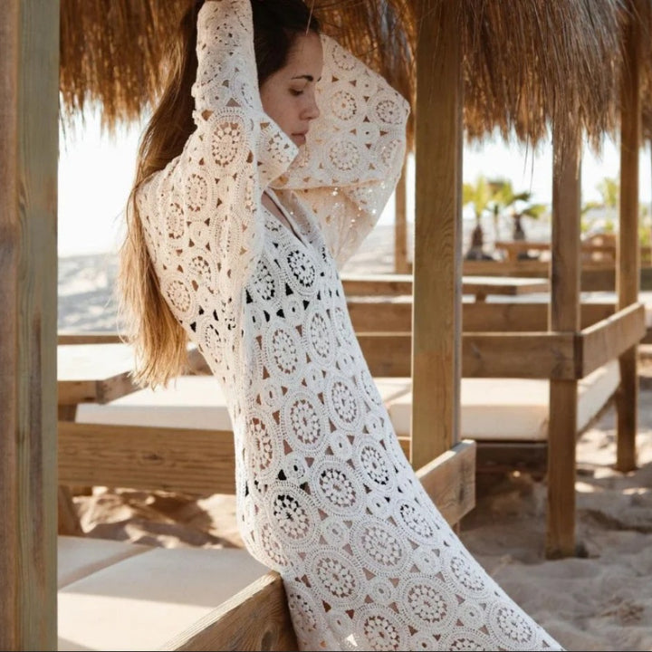 Women's crochet beach dress with flared sleeves and an elegant cut Lune London