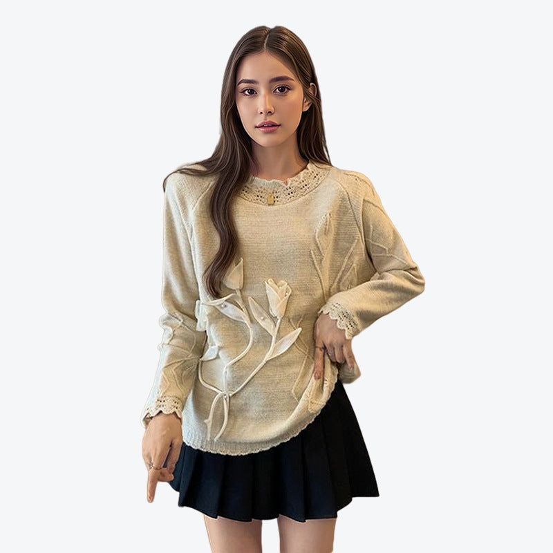 Ladies elegant knit sweater with floral appliqués Lune London