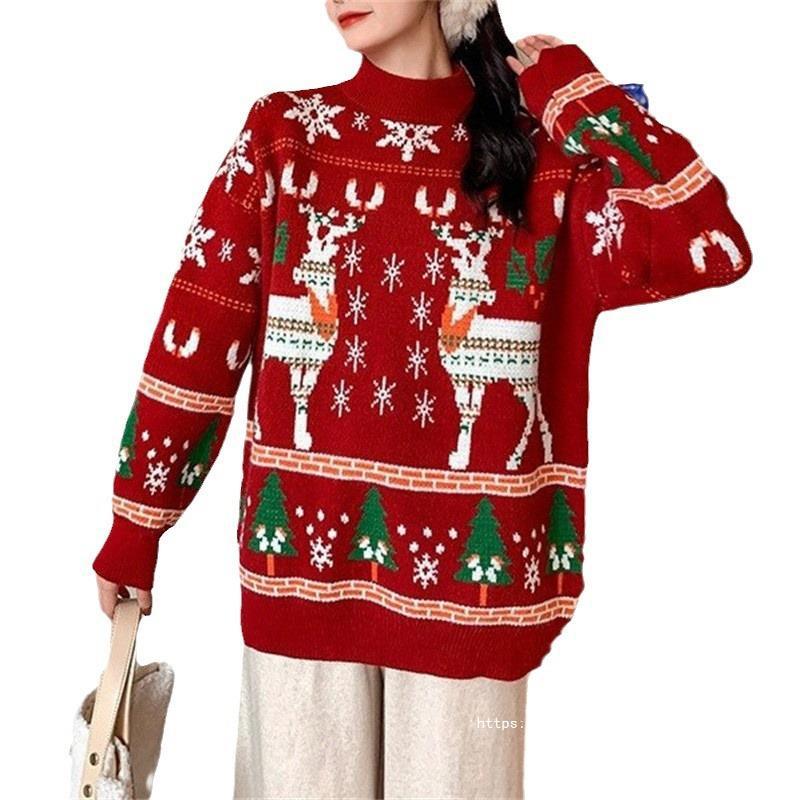 Festive sweater for women with 3D reindeer pattern and high collar Lune London