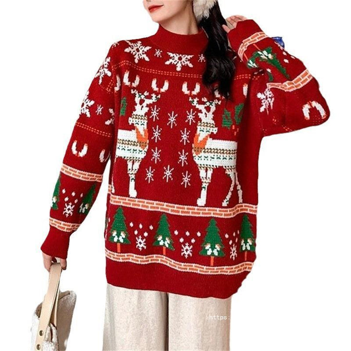 Festive sweater for women with 3D reindeer pattern and high collar Lune London