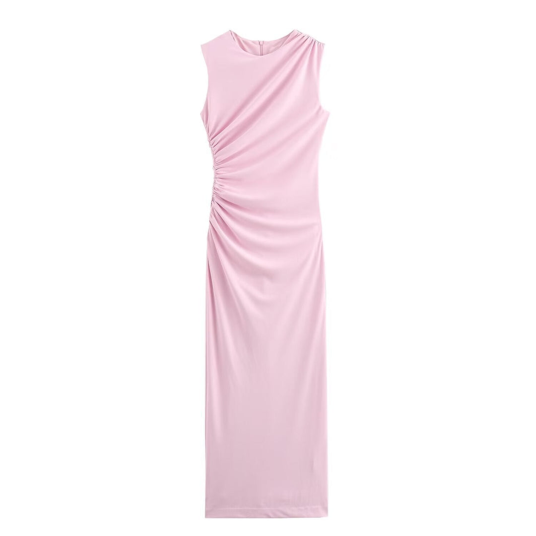 Lune London | Solid Color Round Neck Sleeveless Folding Slim Fit Dress