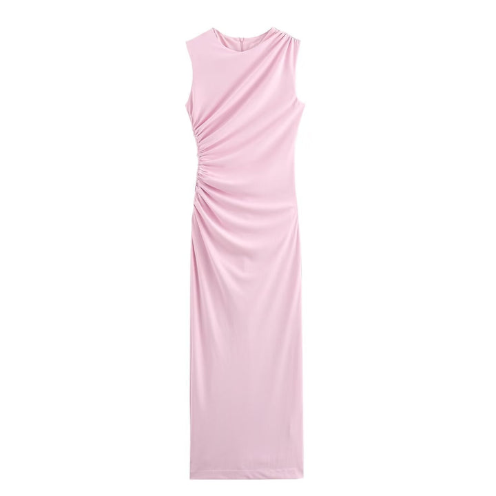 Lune London | Solid Color Round Neck Sleeveless Folding Slim Fit Dress
