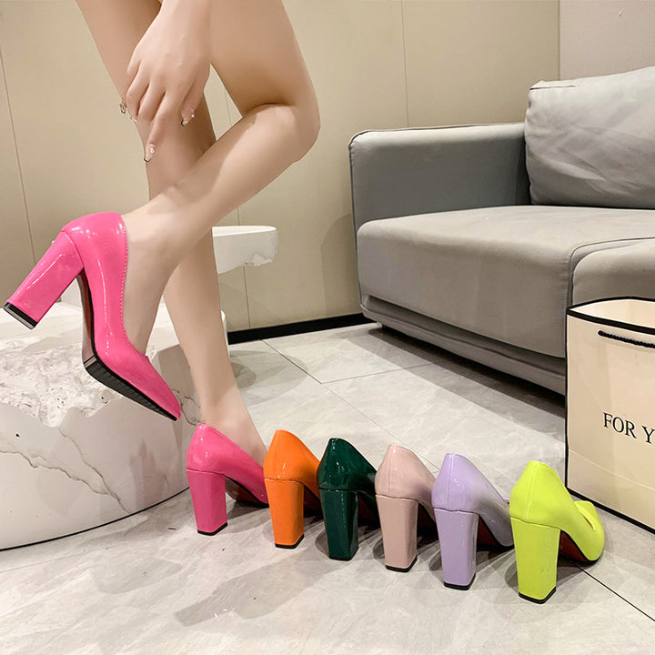 Lace heeled pumps for women with a comfortable block heel and a shiny finish Lune London