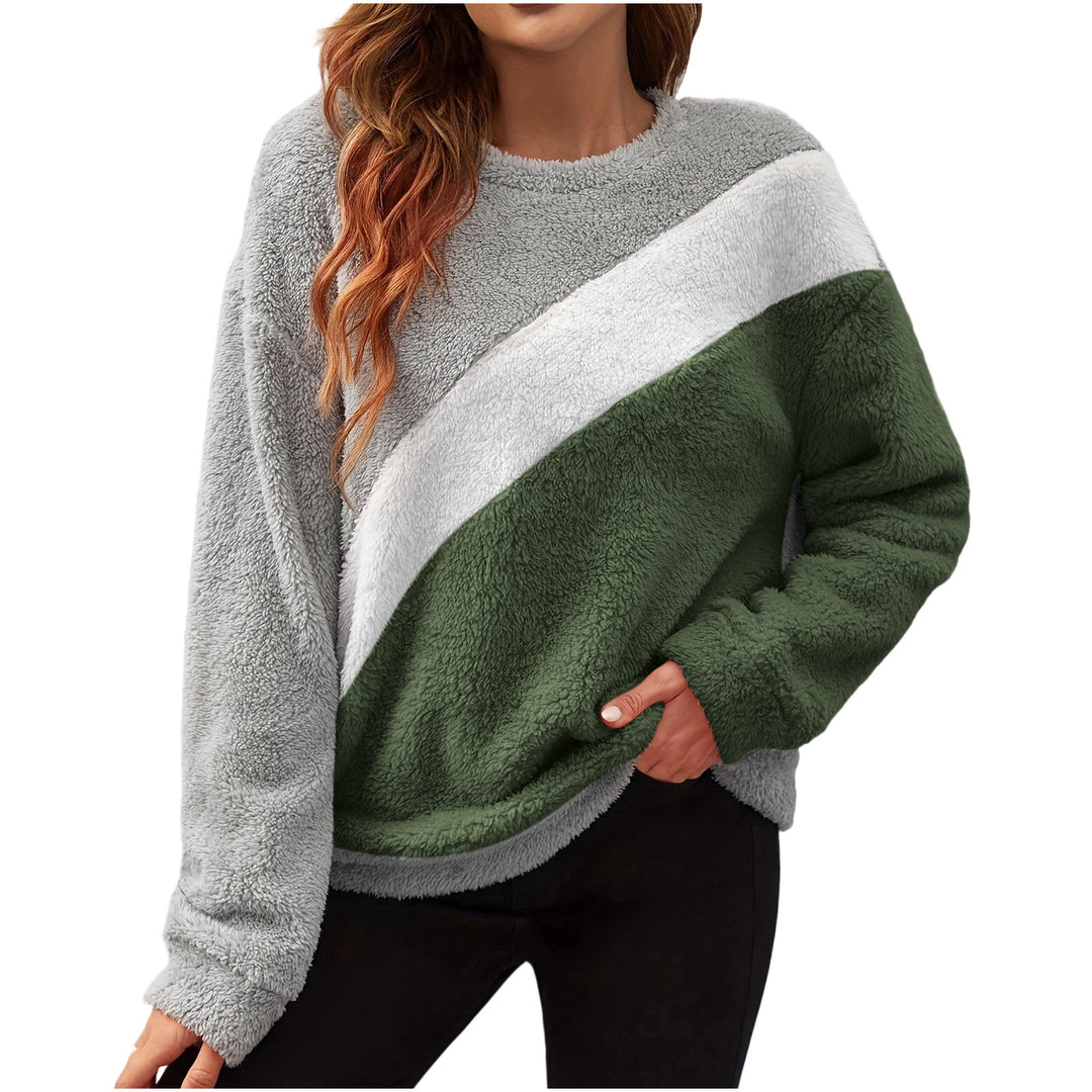 Women Cozy Fleece Sweater with Chic and Stylish Color Block Design