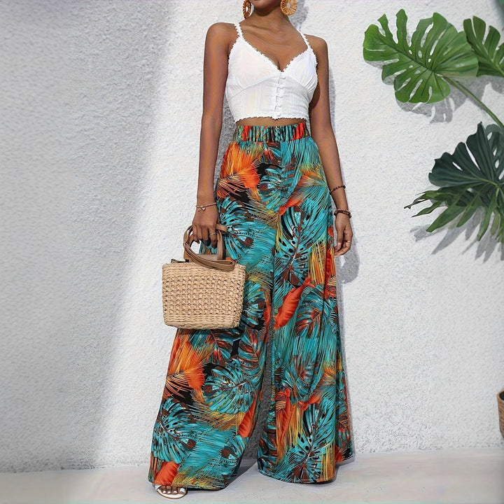 Palazzo Pants for Women with a Lively Palm Pattern and an Elastic High Waist Lune London