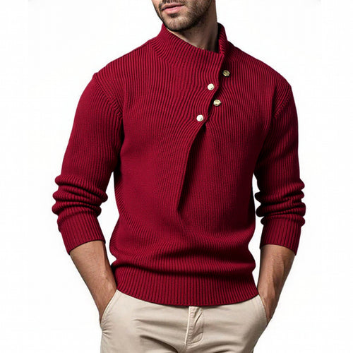 Trendy knitted pullover for men with high collar and asymmetric button placket Lune London