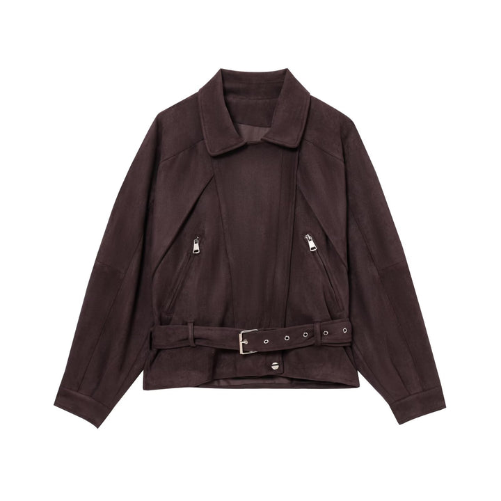 Suede jacket for women with belt at the waist and asymmetrical zipper Lune London