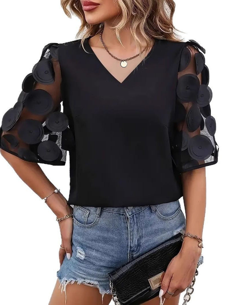 Ladies Elegant Top with Sheer Puff Sleeves and a Chic V Neck
