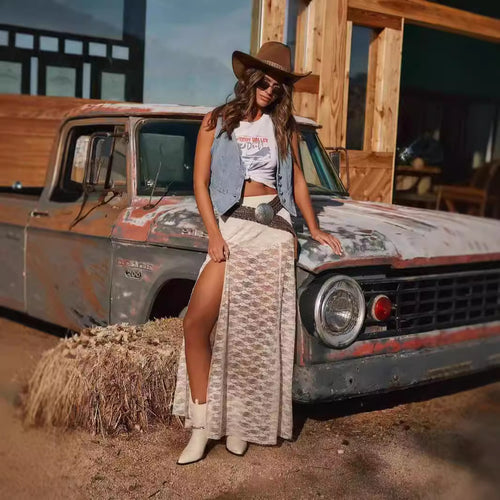 Women's casual lace maxi skirts with high slit Lune London