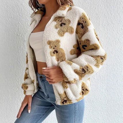 Fleece jacket for women with bear pattern and high collar Lune London