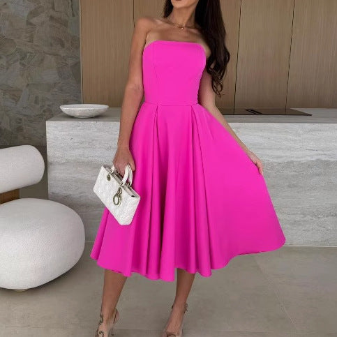 A-line midi strapless dress for women with flowy skirt Lune London