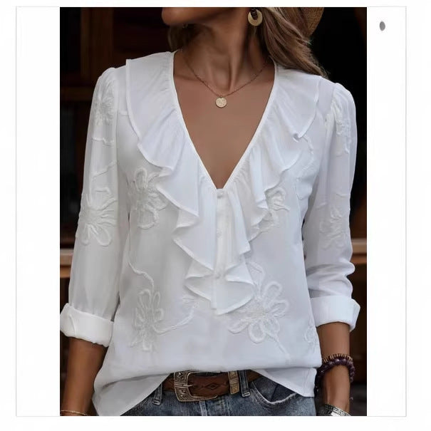 Women's elegant blouse with ruffle and floral embroidery pattern Lune London
