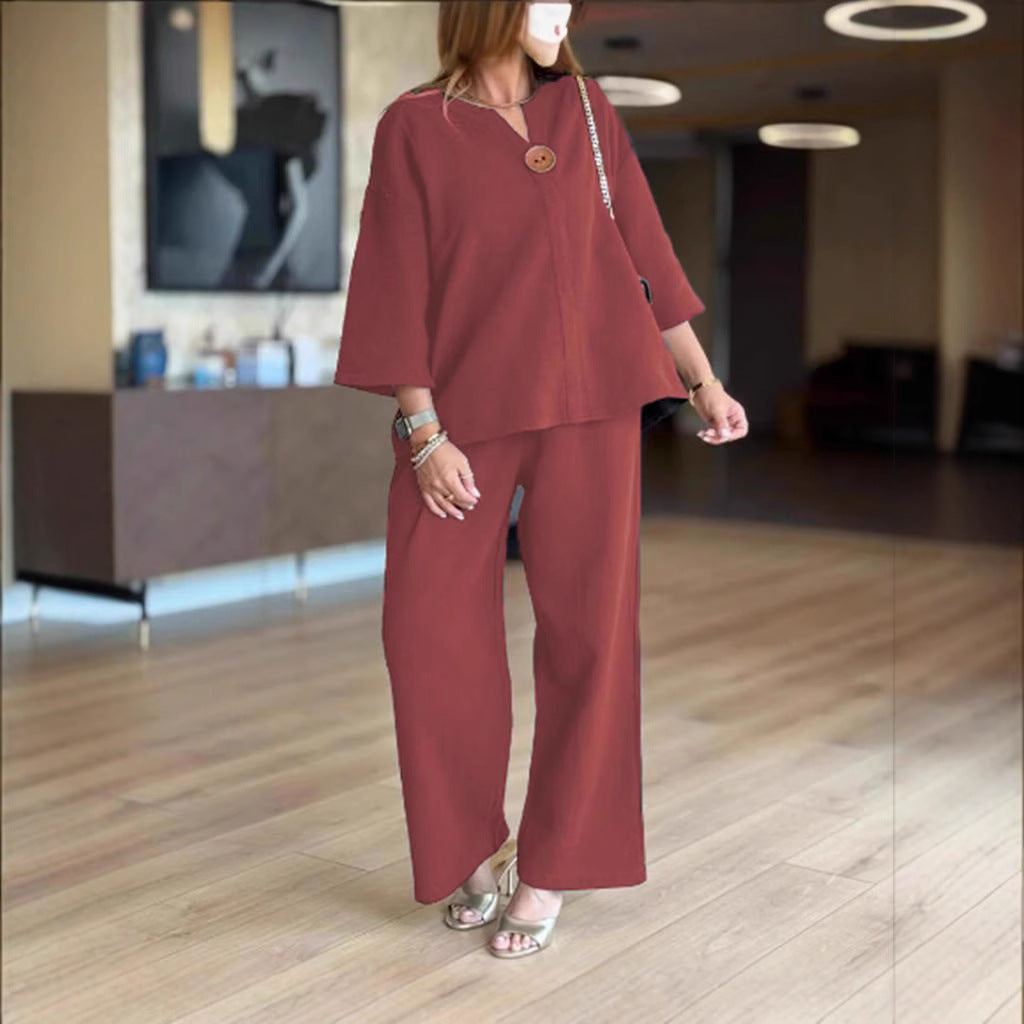 Lightweight linen two-piece clothing set for women with button details Lune London