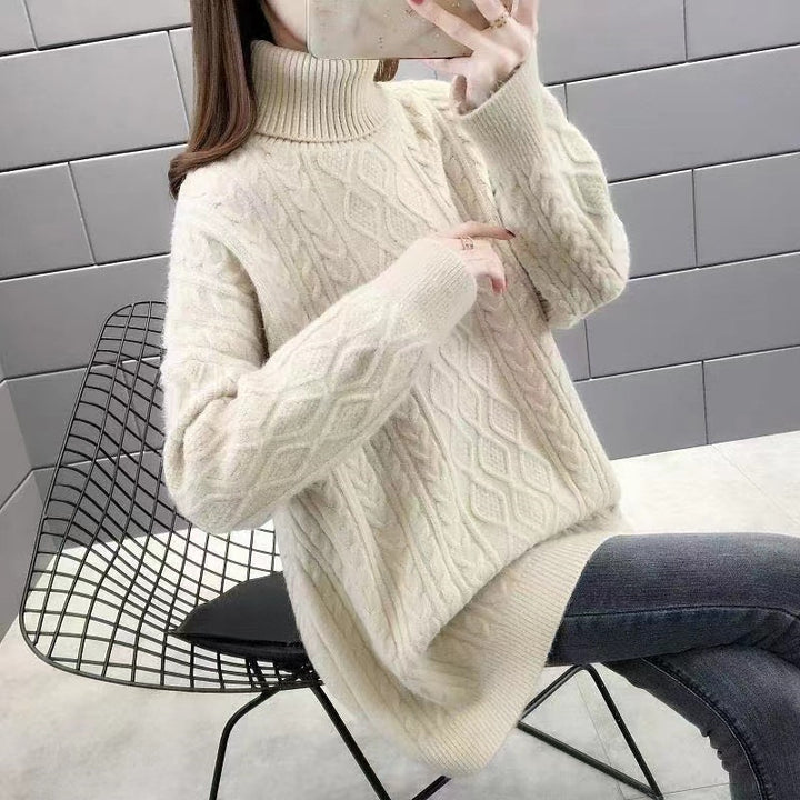 Chunky knit sweater for women with high collar and cable pattern Lune London