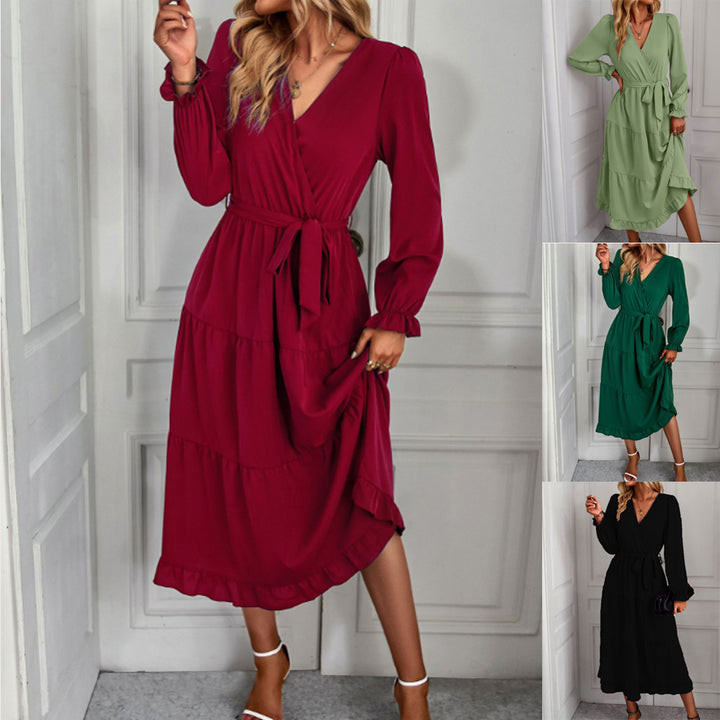 Elegant wrap dress for women with ruffle details and belt at the waist Lune London