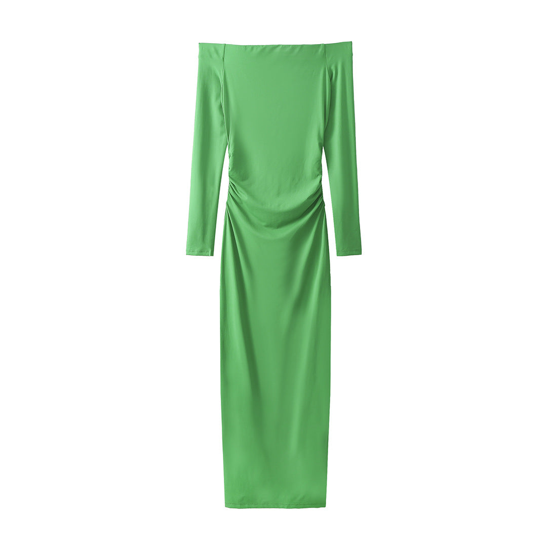 Elegant ladies maxi dress with off-the-shoulder neckline and refined ruffled details Lune London