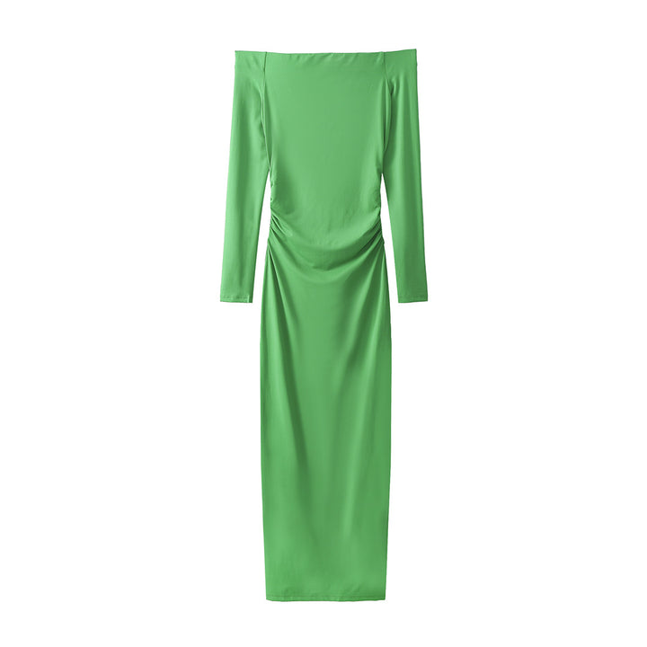 Elegant ladies maxi dress with off-the-shoulder neckline and refined ruffled details Lune London
