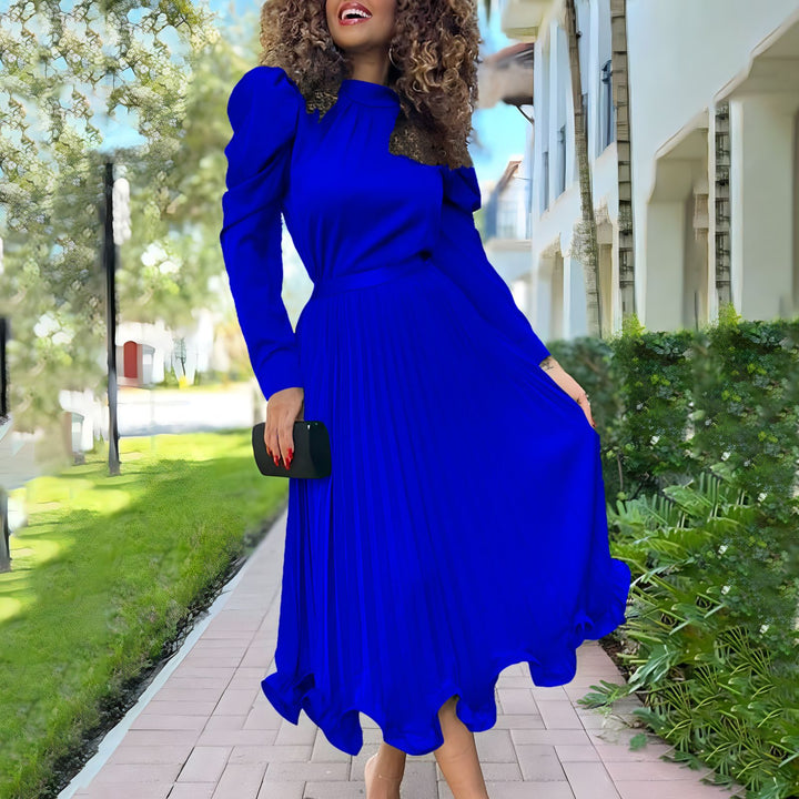 Ladies Elegant Midi Dress with High Collar and Chic Pleated Design