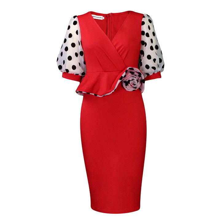 Fitted cocktail dress for women with sheer puff sleeves and floral accent Lune London