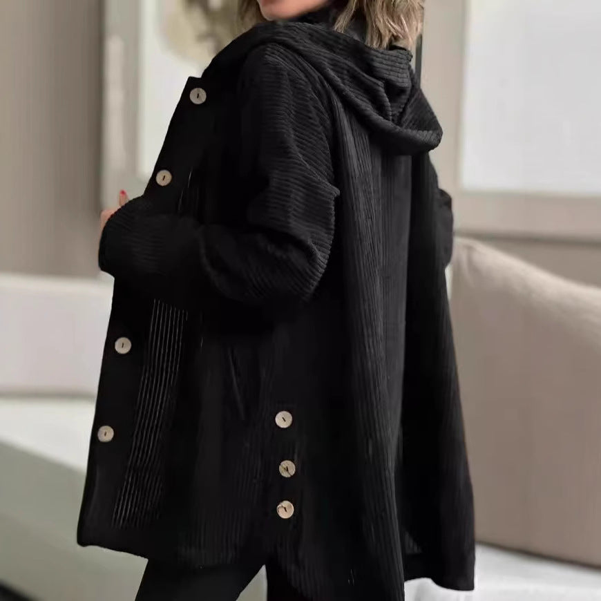 Womens wellness jacket in cord with hood and large buttons Lune London