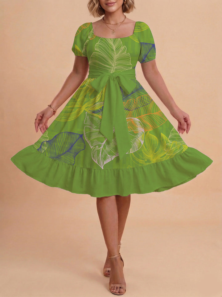 Women A-line dress with floral motifs and adjustable belt Lune London