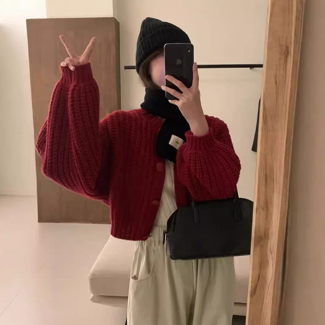 Thick knit jacket for women with oversized sleeves and button details Lune London