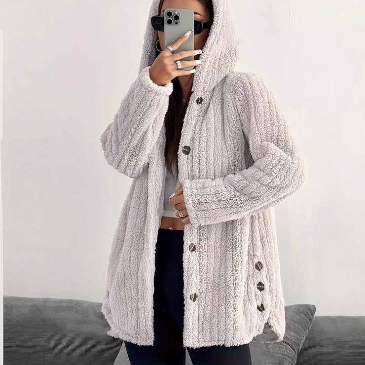Fleece jacket for women with hood and buttoned design Lune London