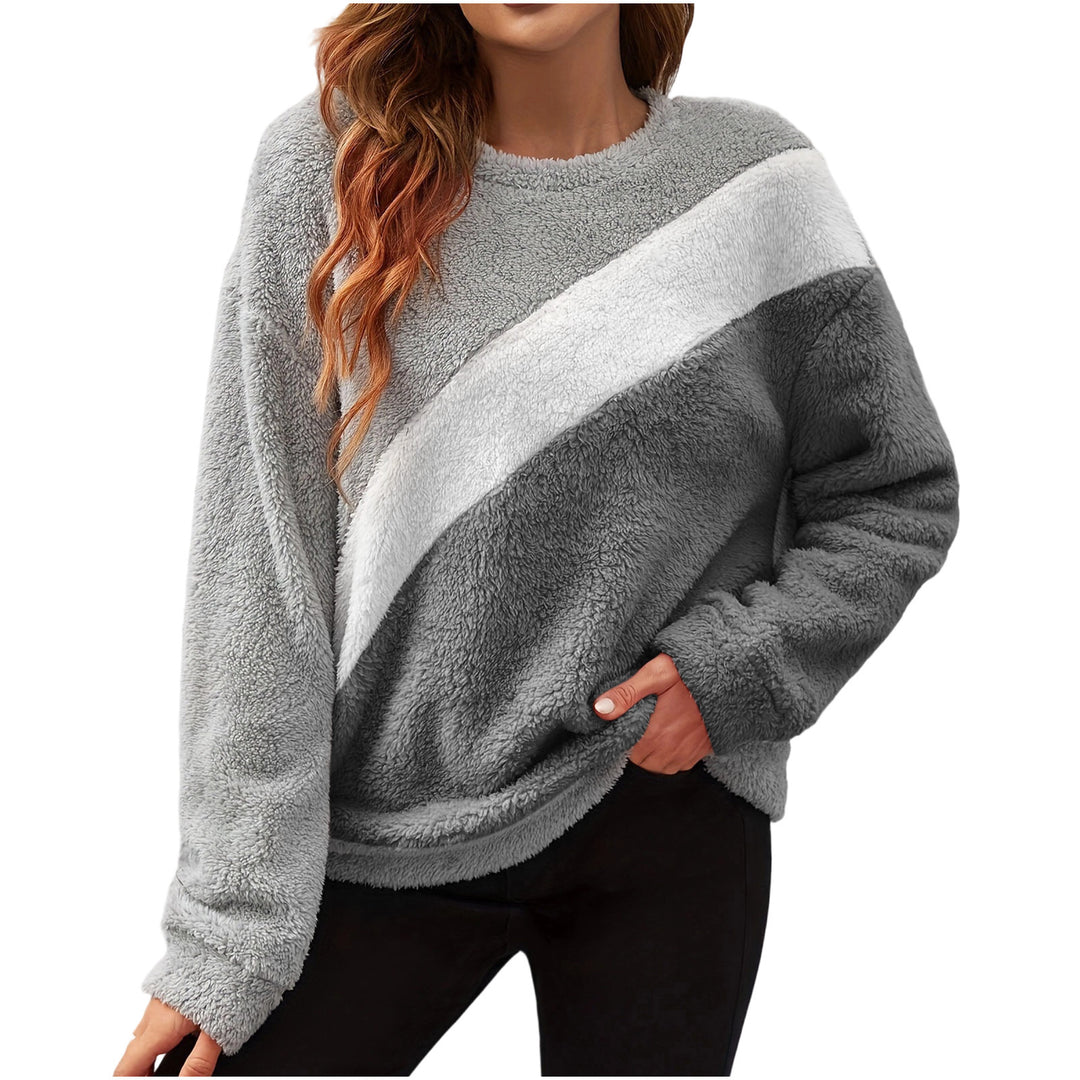 Women Cozy Fleece Sweater with Chic and Stylish Color Block Design
