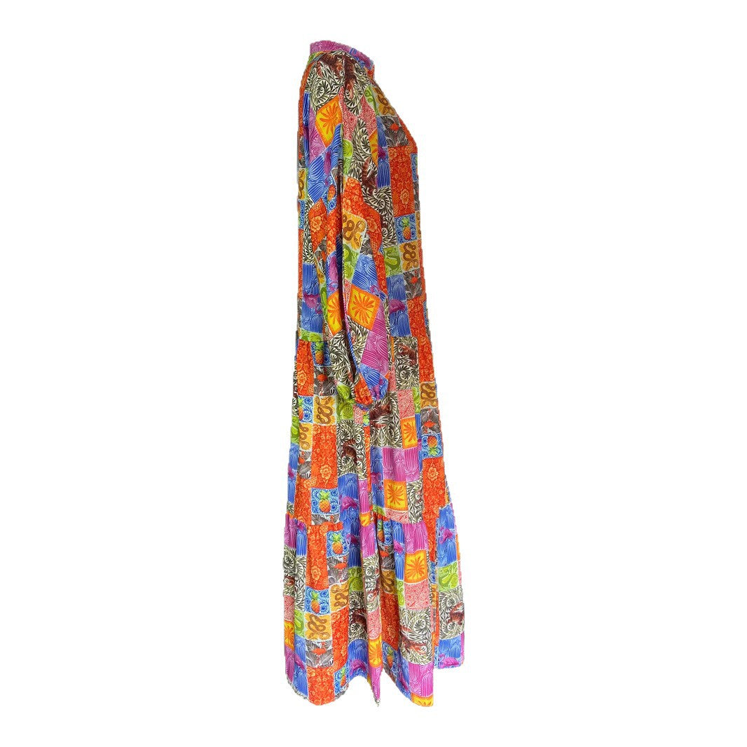 Maxi dress for women in boho style with a colorful patchwork design and wide sleeves Lune London