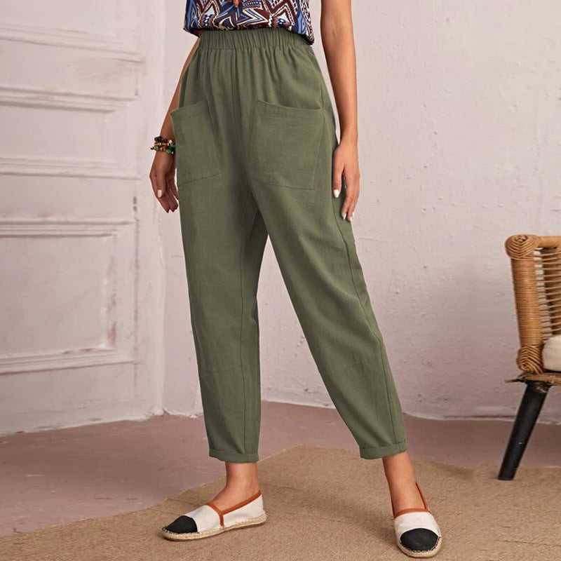 Women's Comfortable Utility Pants with Elastic Waistband and Practical Pockets