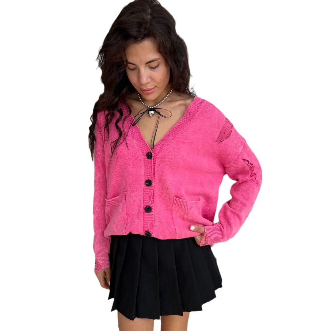 Casual knit jacket for women with a trendy V-neck and creative cutout details Lune London