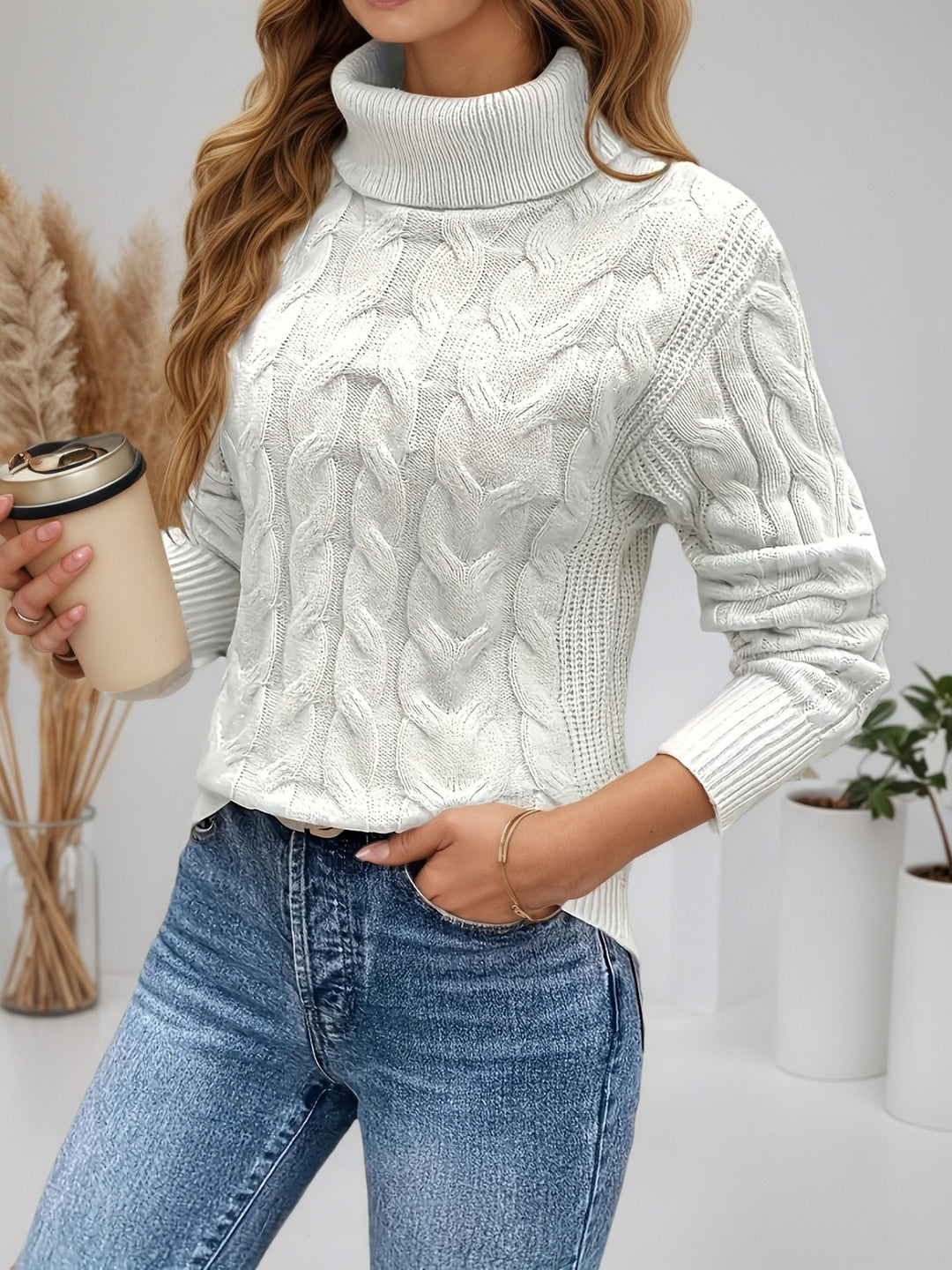 Knit sweater for women with high collar and cable pattern Lune London