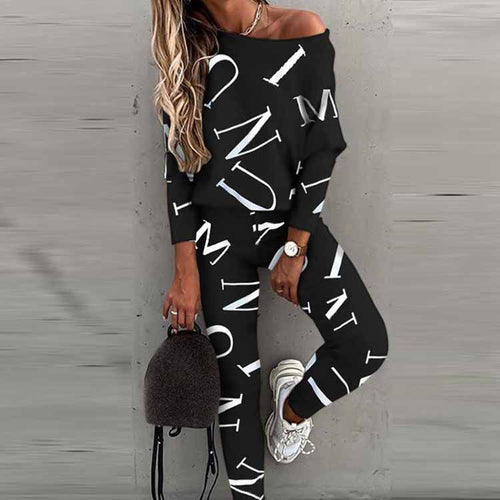 Chic and Stylish Off-Shoulder Printed Letter Lounge Set for Women