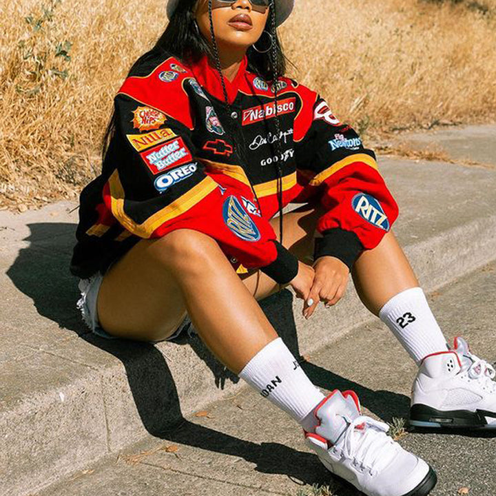 Oversized women's motorcycle sports jacket with colorful graphic details and a loose fit Lune London