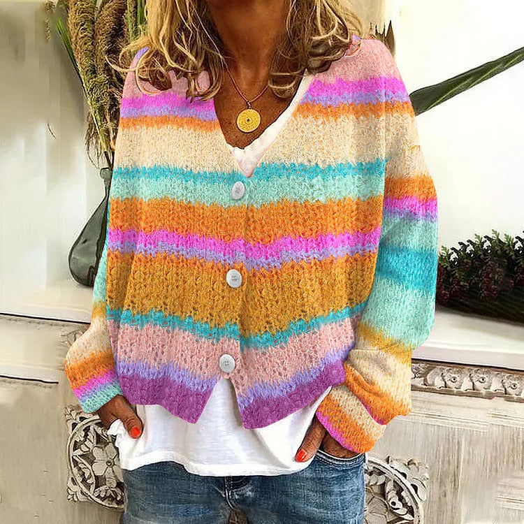 Cardigan tricoté décontracté pour femmes avec des rayures colorées et des détails de boutons Chic & Stil