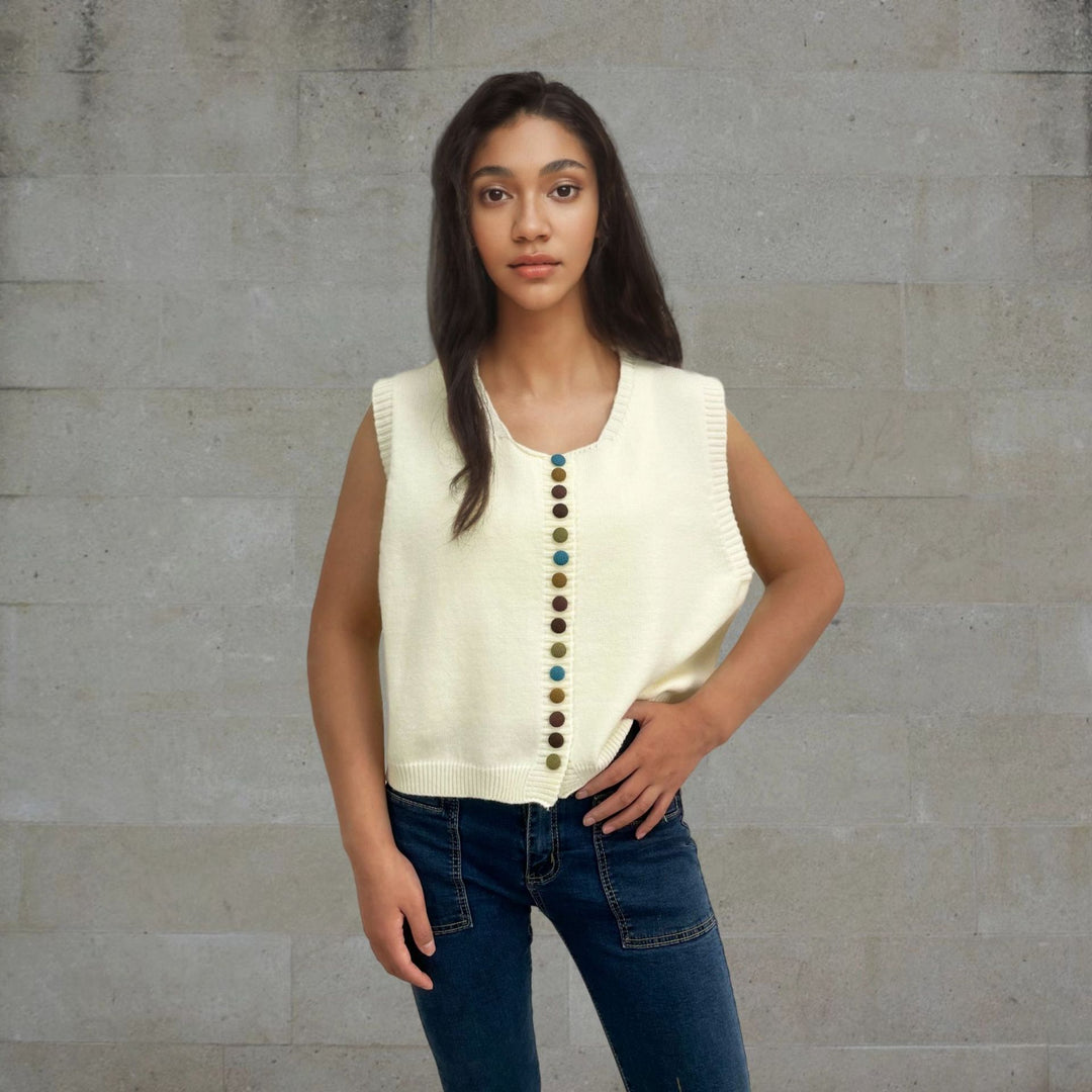 Ladies sleeveless knit vest with decorative buttons Lune London