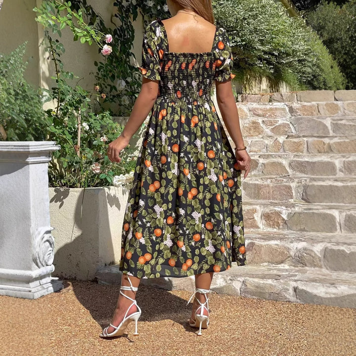 Maxi dress for women with floral embroidery and elastic insert Lune London